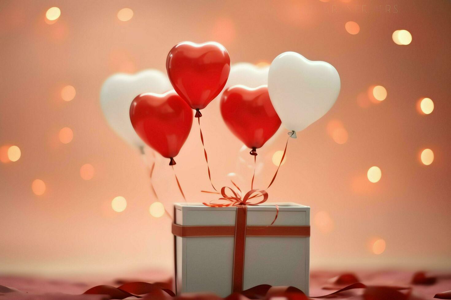 Happy valentine's day concept with red gift box and heart  shaped balloons romantic banner love concept by AI Generated photo
