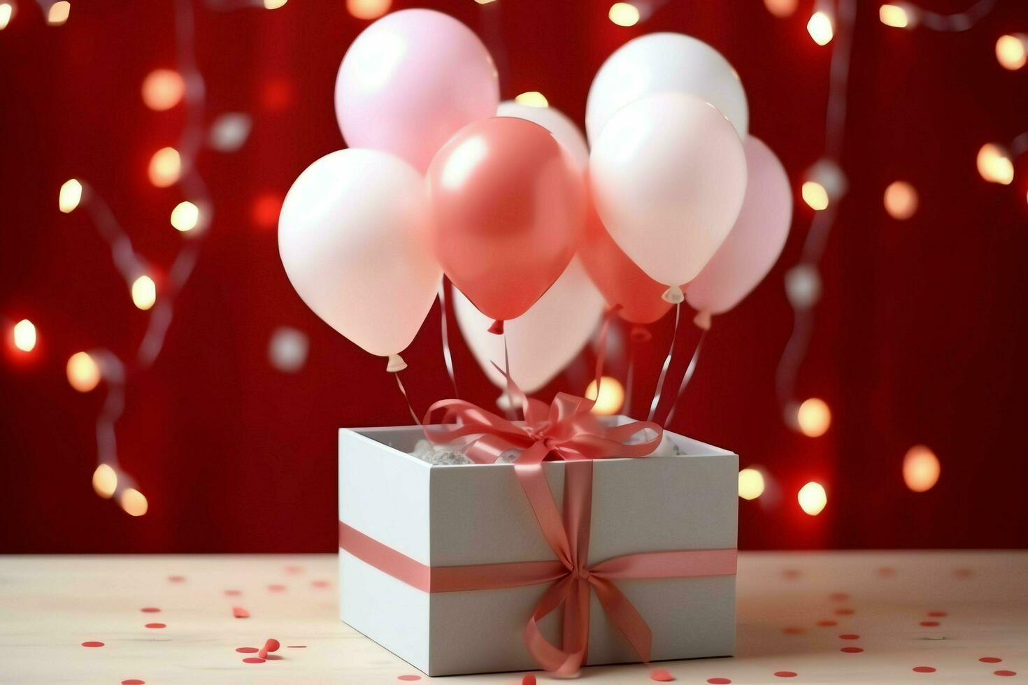 Happy valentine's day concept with red gift box and heart  shaped balloons romantic banner love concept by AI Generated photo