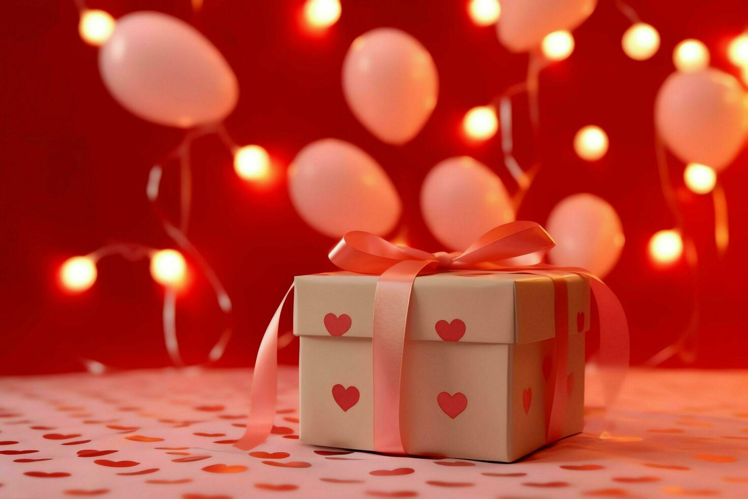 Happy valentine's day concept with red gift box and heart  shaped balloons romantic banner love concept by AI Generated photo