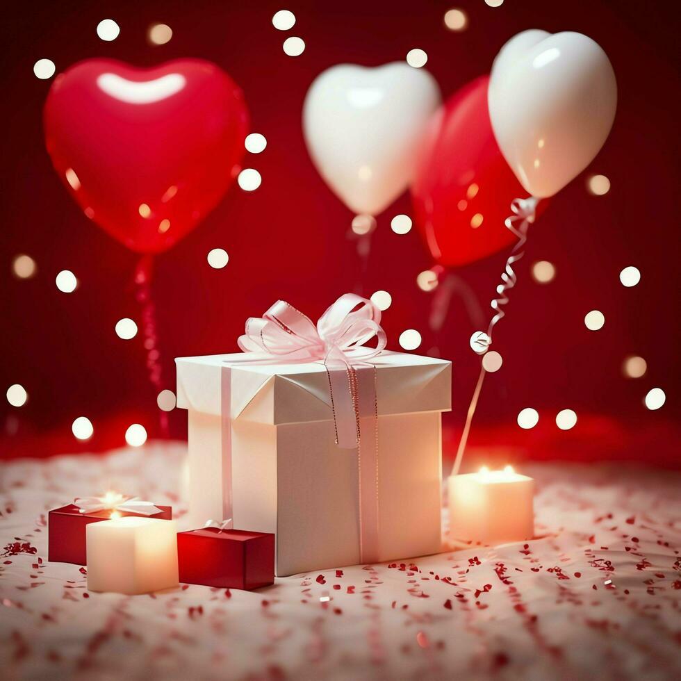 Happy valentine's day concept with red gift box and heart  shaped balloons romantic banner love concept by AI Generated photo