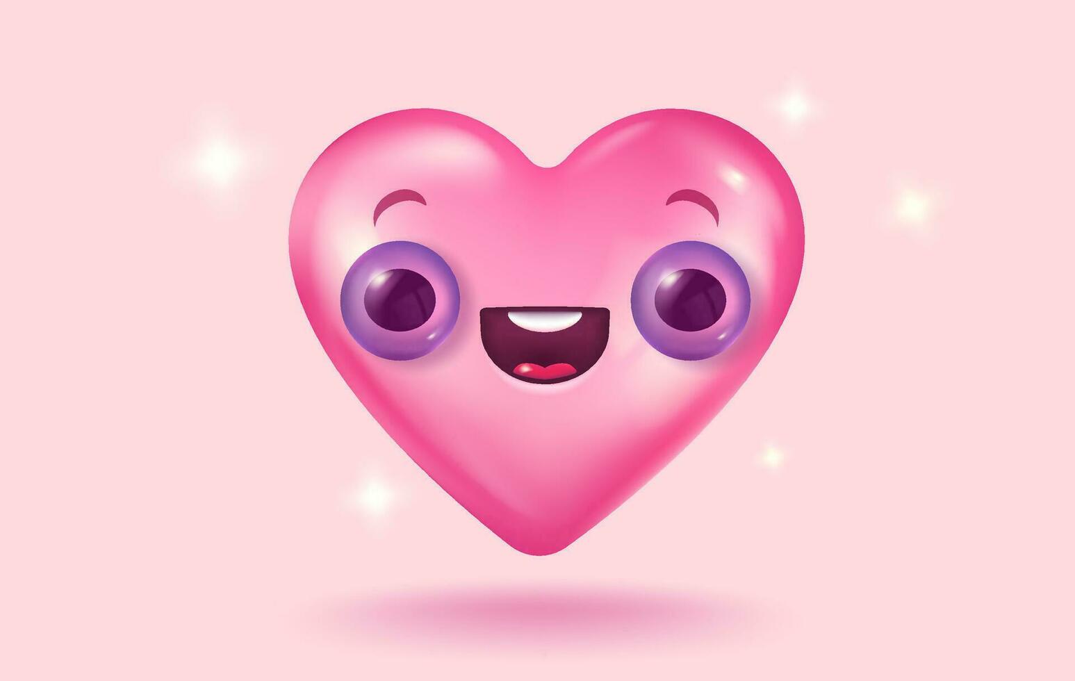 Vector icon of pink heart with cute kawaii face for Valentine's Day in realistic 3d style. Vector realistic banner with cute heart on pink background.