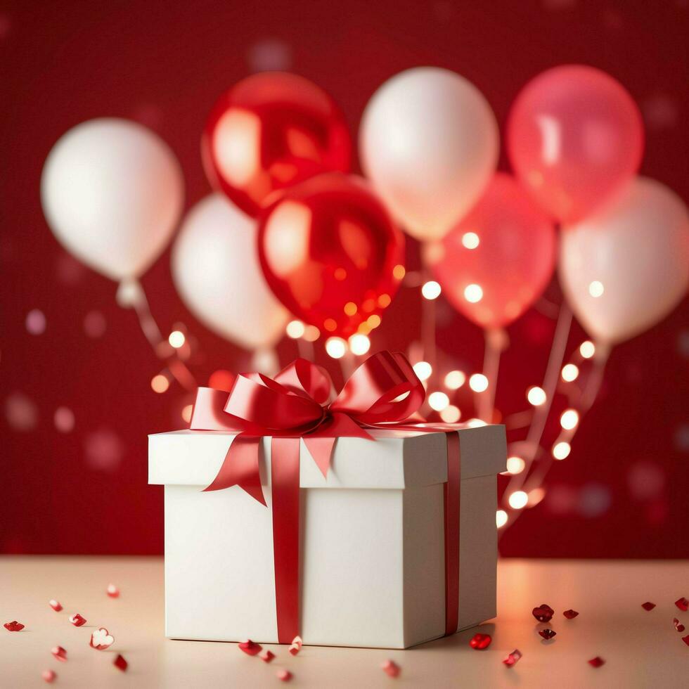 Happy valentine's day concept with red gift box and heart  shaped balloons romantic banner love concept by AI Generated photo