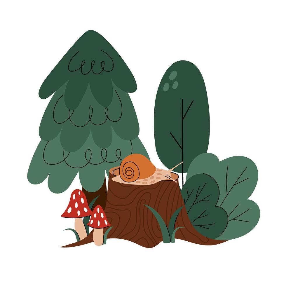Snail. Cute snail on a stump among forest trees in flat style. Doodle. Baby print in Scandinavian style. vector