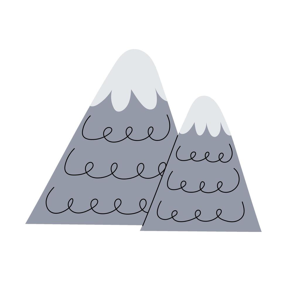 Mountains in flat style. Hand drawn snowy mountains. Nature, travel, doodle. vector
