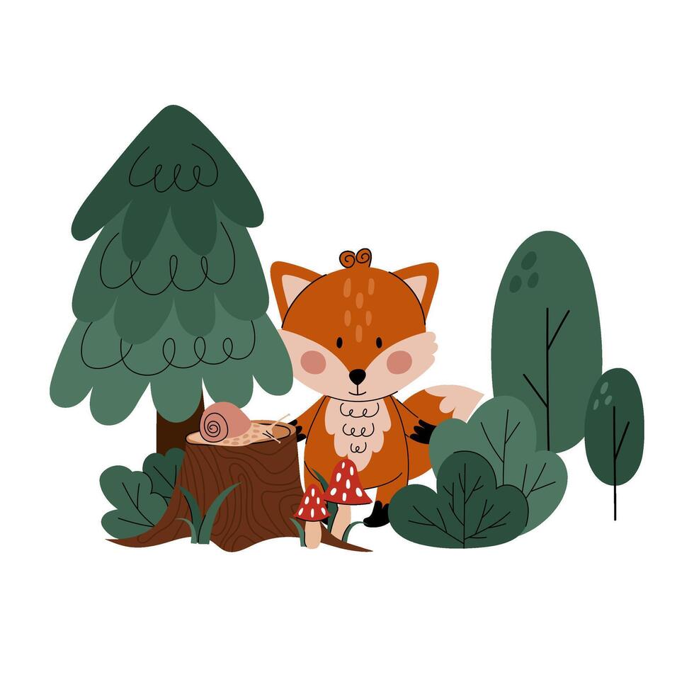 Cute cartoon fox in the forest. Fox in a forest glade among the trees, with a stump and a snail in a flat style. Doodle hand drawing. vector