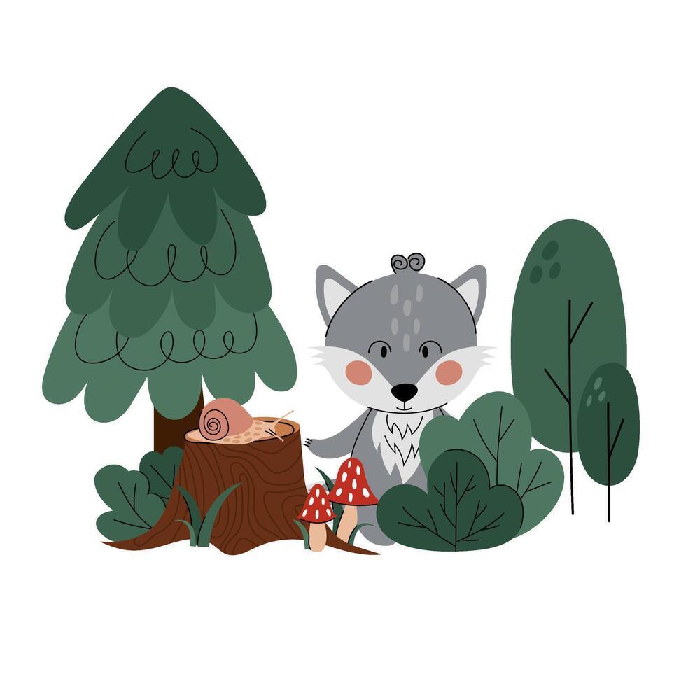 Cute cartoon wolf in the forest. Wolf in a forest glade among the trees, with a stump and a snail in a flat style. Doodle hand drawing. vector