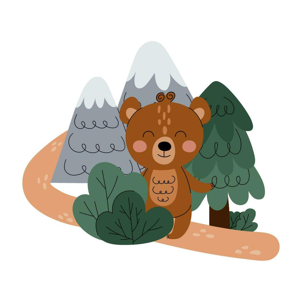 Cute cartoon bear in the forest. Teddy bear with mountains and fir trees in flat style. Doodle hand drawing. vector