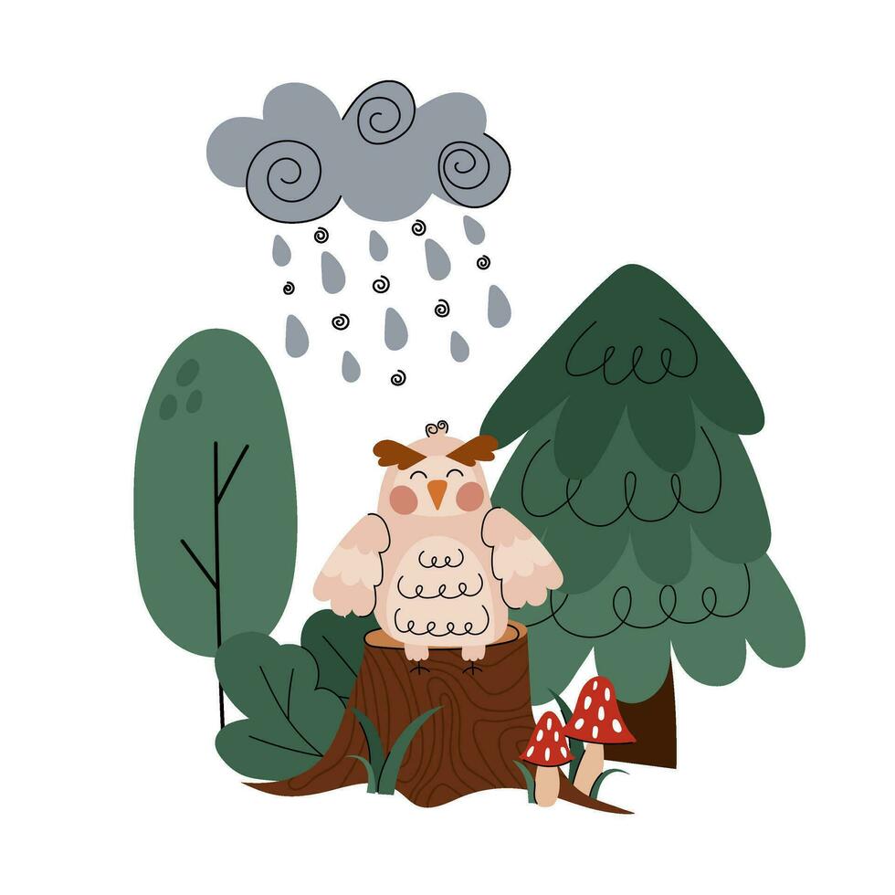 Owl. Forest Glade. A cute cartoon owl in a flat style with doodle elements sits in the forest on a stump under a thundercloud. Baby print. vector
