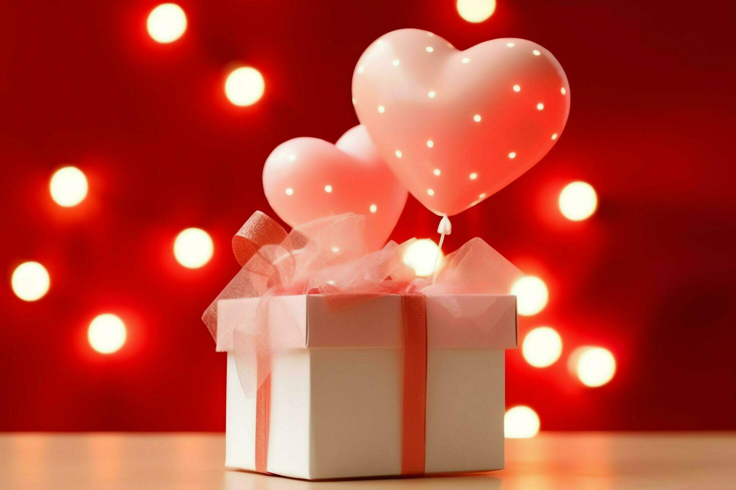 contento San Valentín día concepto con rojo regalo caja y corazón conformado globos romántico bandera amor concepto por ai generado foto