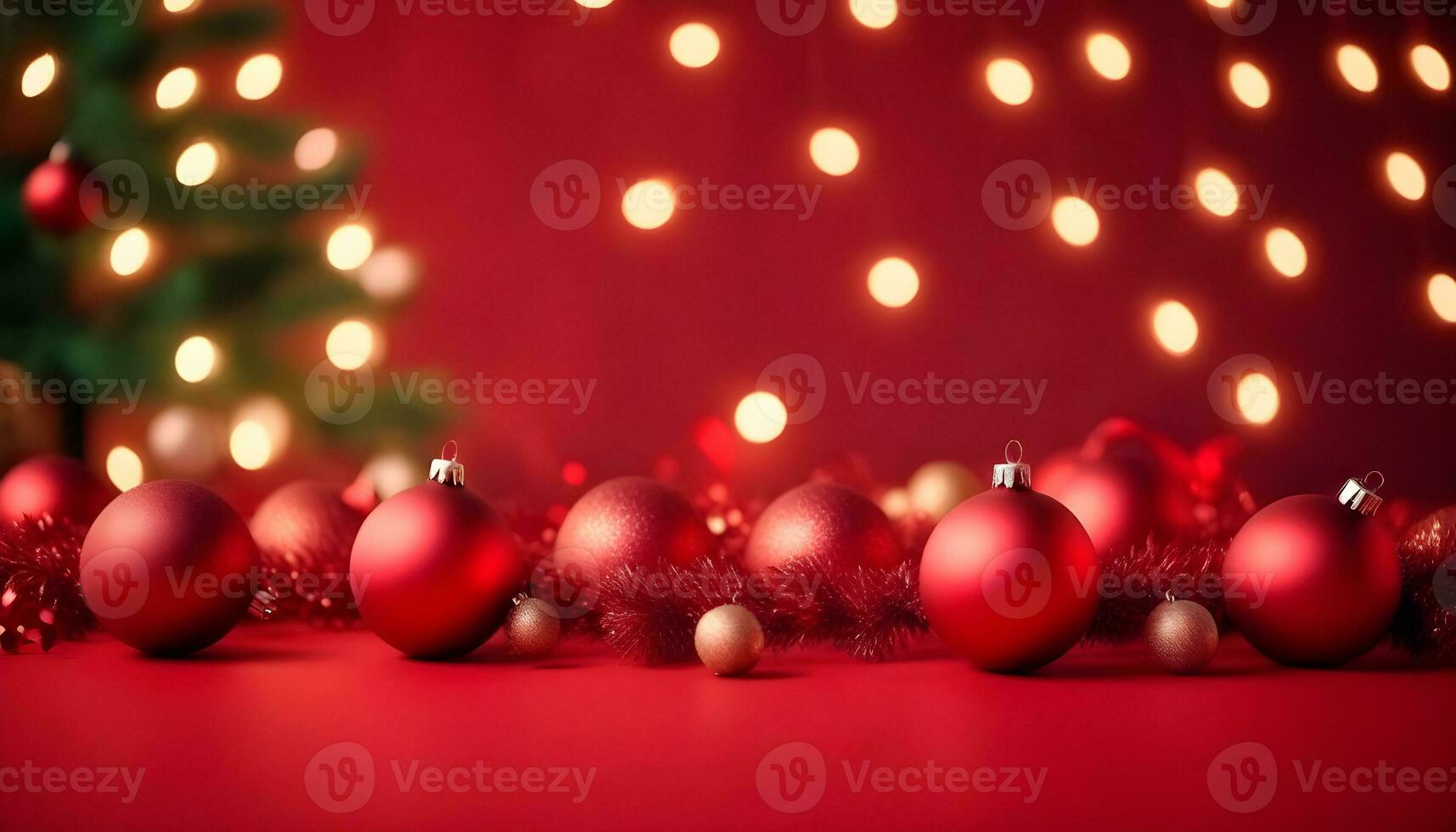 AI generated red christmas color background with garland and christmas balls ai generated photo