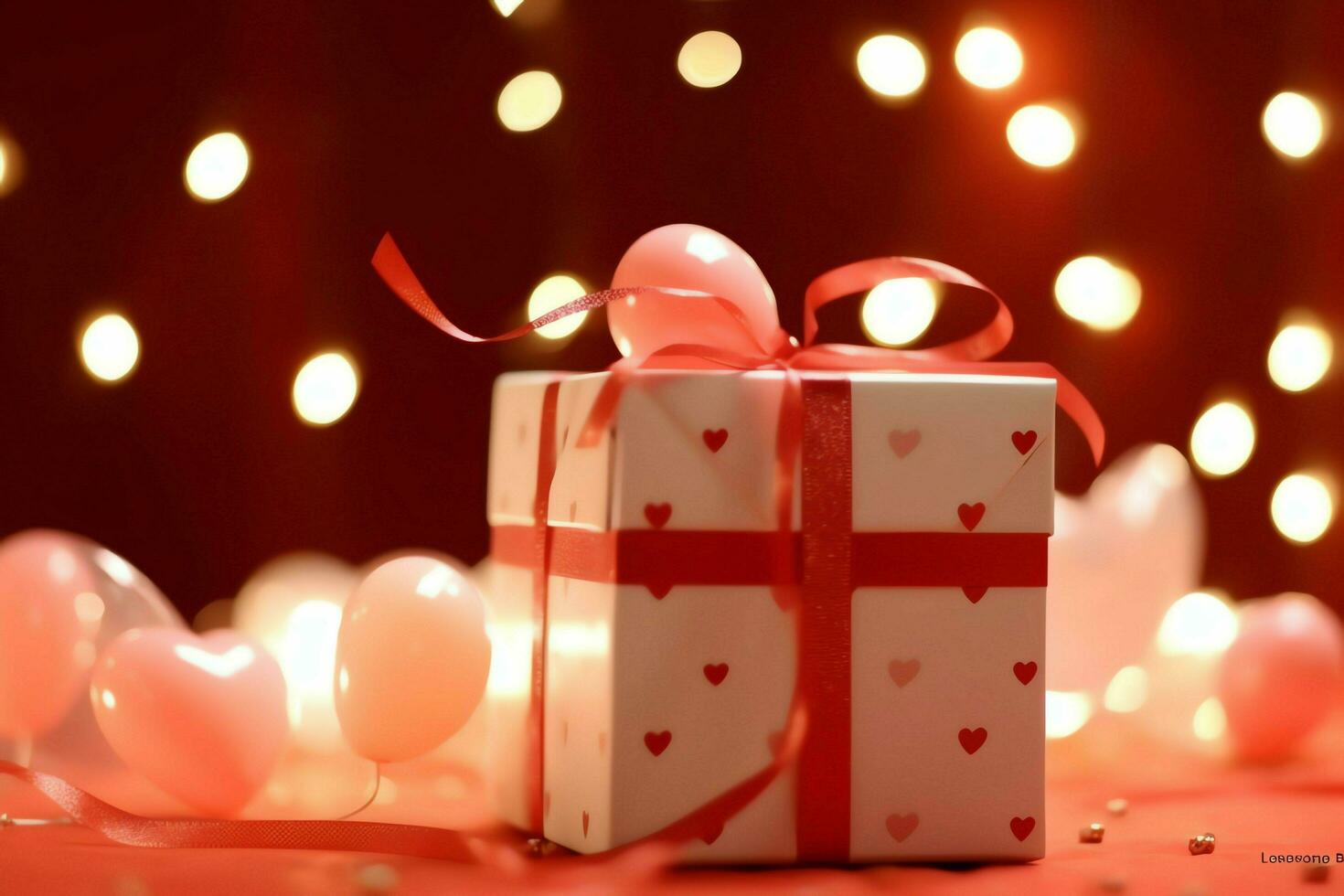 Happy valentine's day concept with red gift box and heart  shaped balloons romantic banner love concept by AI Generated photo