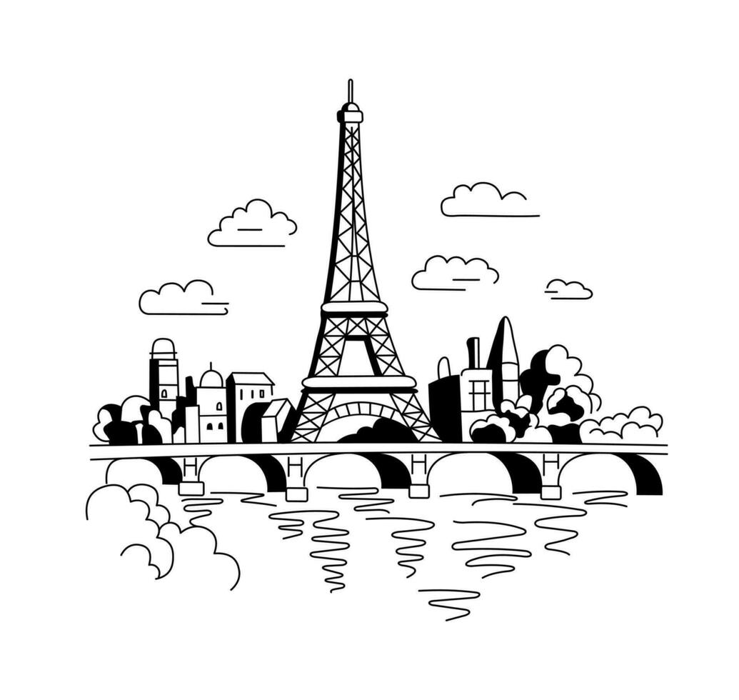 The Eiffel Tower in Paris against the backdrop of houses. Landmark of Paris. Illustration in doodle style on white background vector