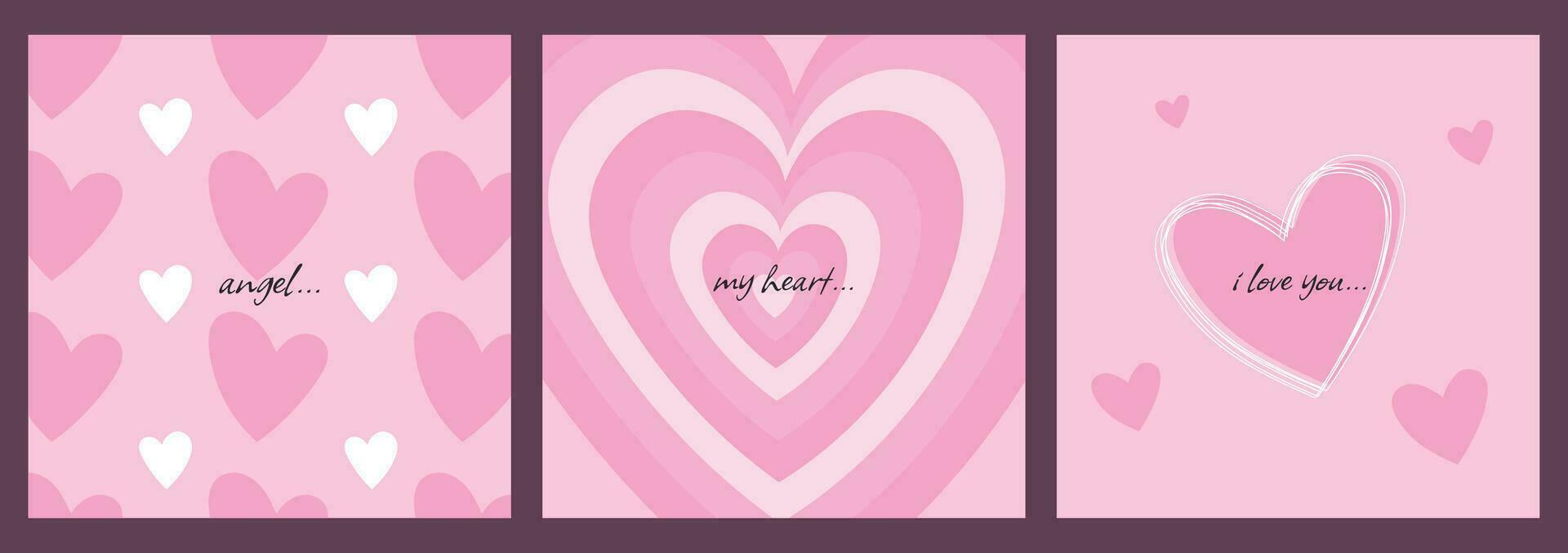 Set of cute romantic Valentine's Day cards, postcards with hand drawn patterns, hearts, flowers and text greetings, vector decorative illustrations.