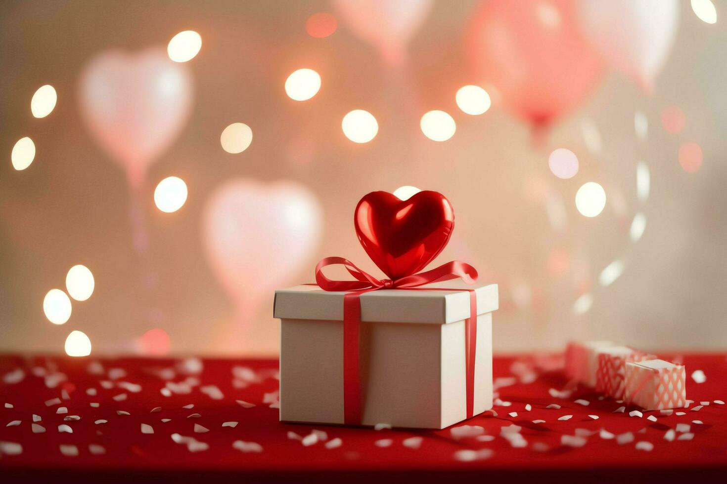 Happy valentine's day concept with red gift box and heart  shaped balloons romantic banner love concept by AI Generated photo