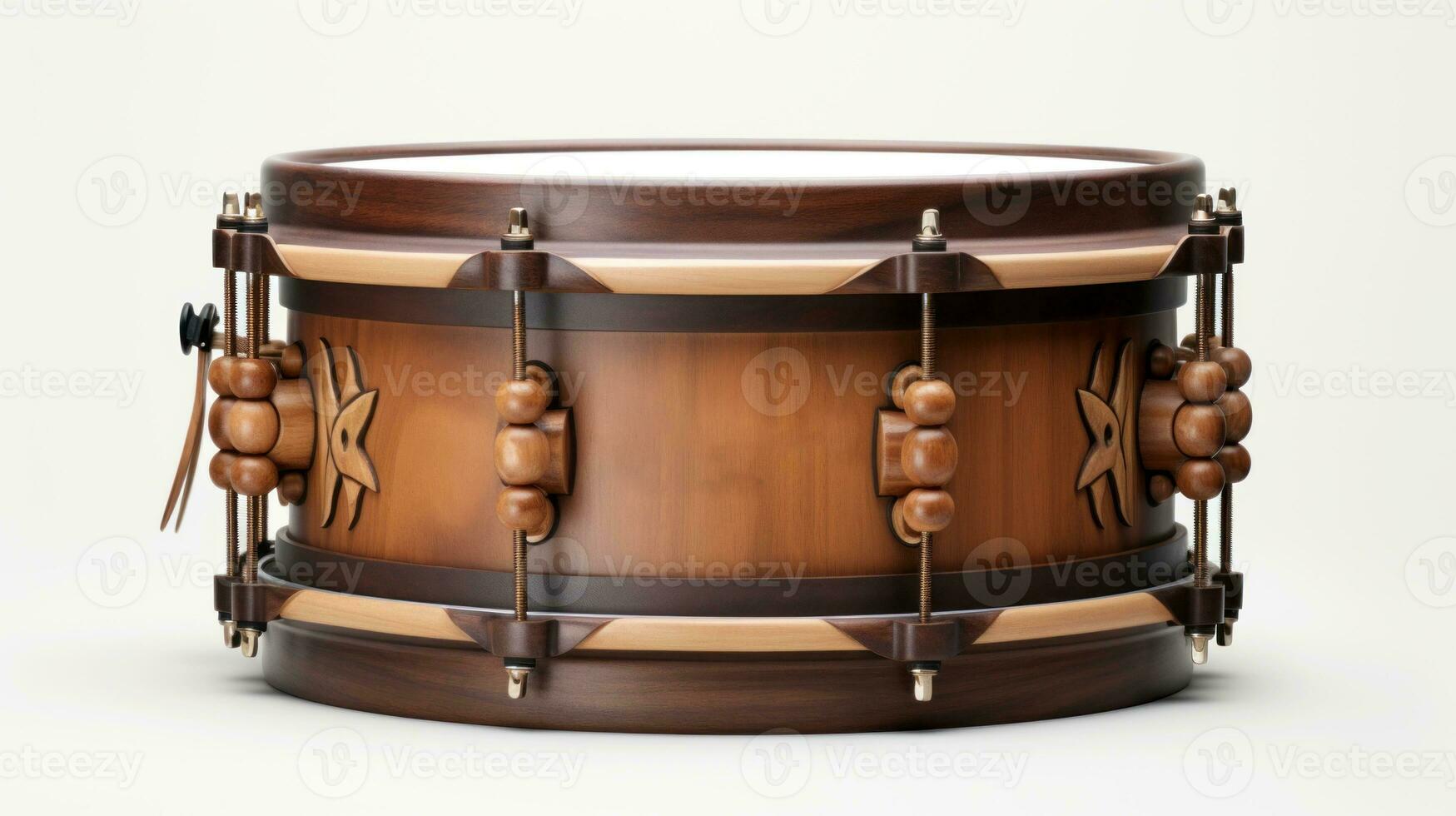 AI generated Detailed image of a wooden snare drum with metal hardware on a white backdrop, suitable for musical content photo