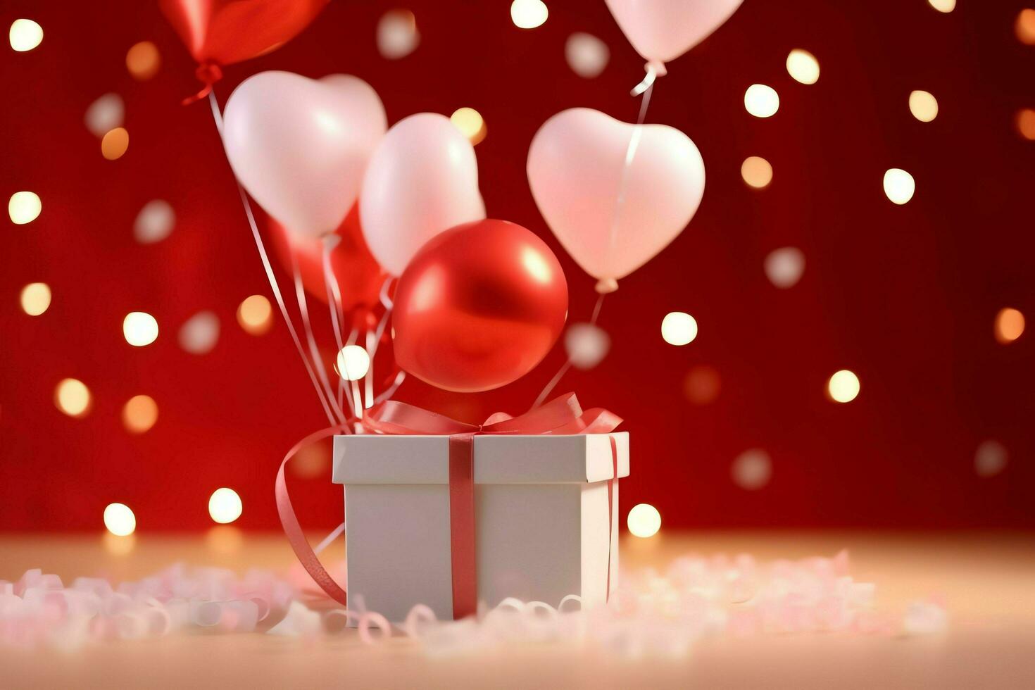 Happy valentine's day concept with red gift box and heart  shaped balloons romantic banner love concept by AI Generated photo