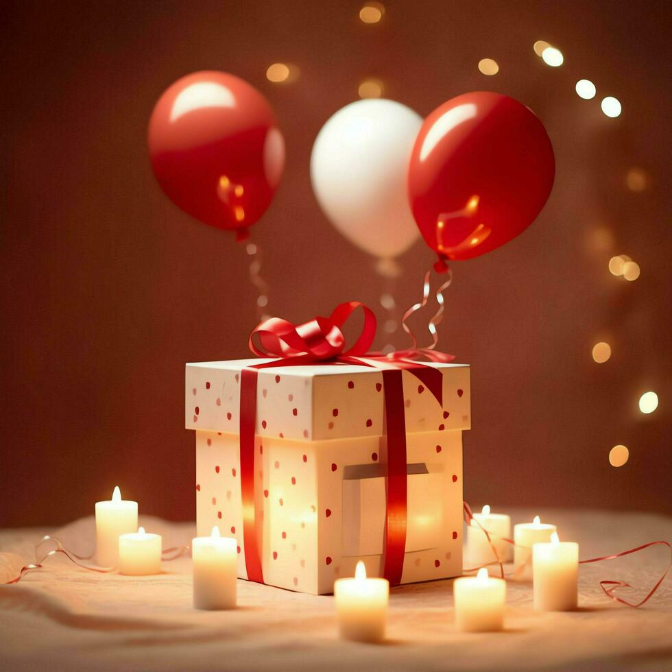 Happy valentine's day concept with red gift box and heart  shaped balloons romantic banner love concept by AI Generated photo