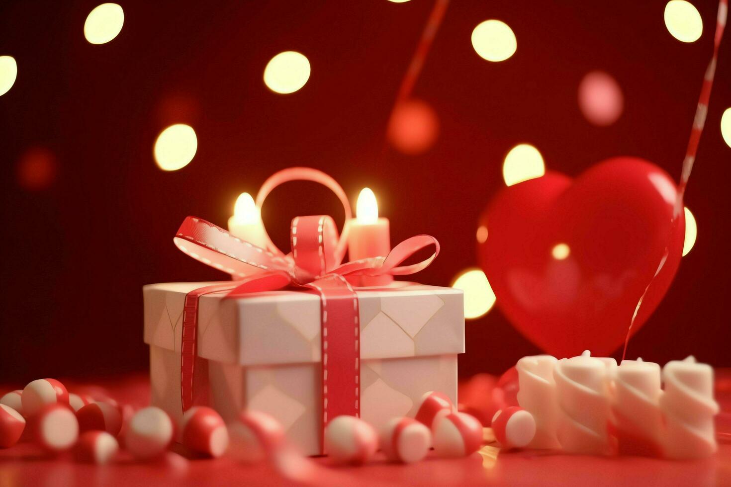 Happy valentine's day concept with red gift box and heart  shaped balloons romantic banner love concept by AI Generated photo