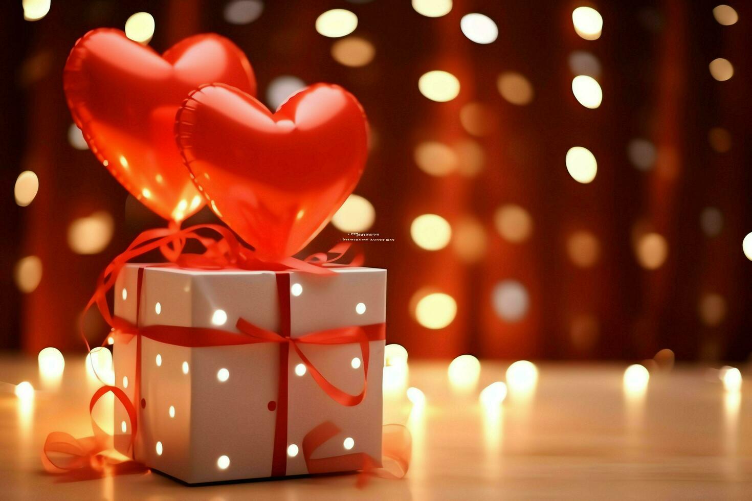 Happy valentine's day concept with red gift box and heart  shaped balloons romantic banner love concept by AI Generated photo