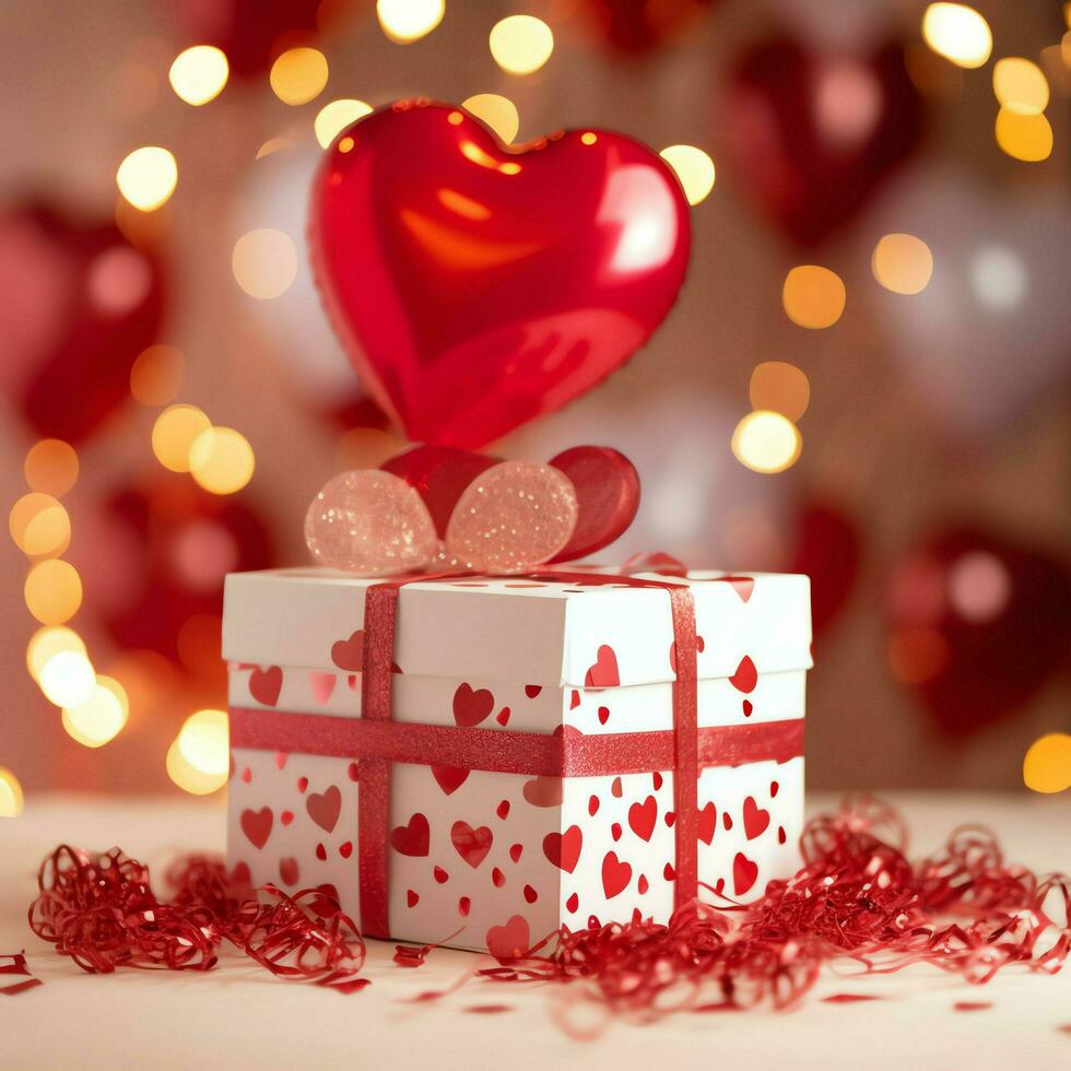 Happy valentine's day concept with red gift box and heart  shaped balloons romantic banner love concept by AI Generated photo