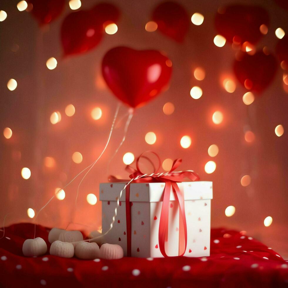 Happy valentine's day concept with red gift box and heart  shaped balloons romantic banner love concept by AI Generated photo