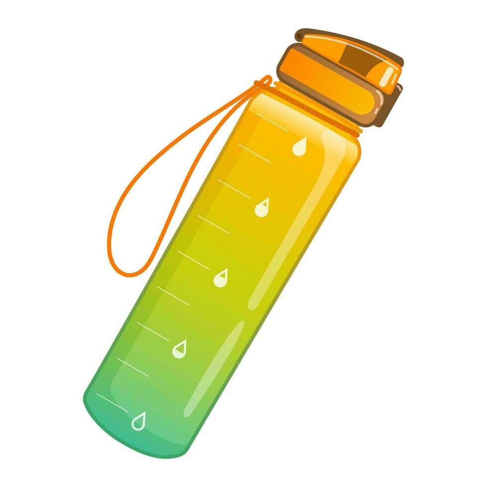 Vector illustration of a water bottle in cartoon style isolated on white background. Reusable eco-friendly tumbler for sport, gym, travel. Plastic vessel for drink with cap.