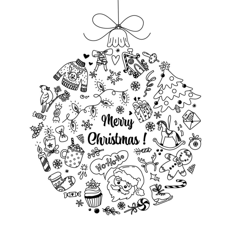Vector Christmas doodle ball background. Cute hand drawn doodle elements in the form of Christmas tree decoration