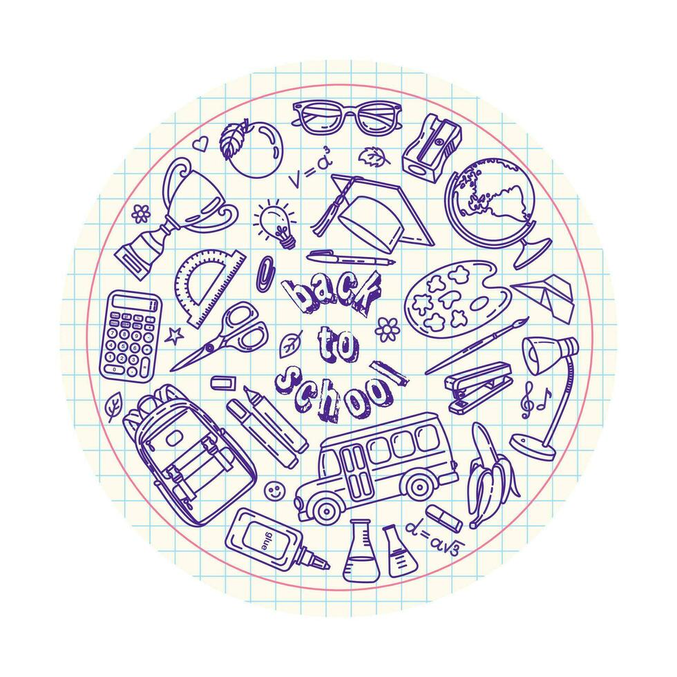 Vector illustration of school items and stationery. Hand drawn set of school supplies. Circle design. Back to school