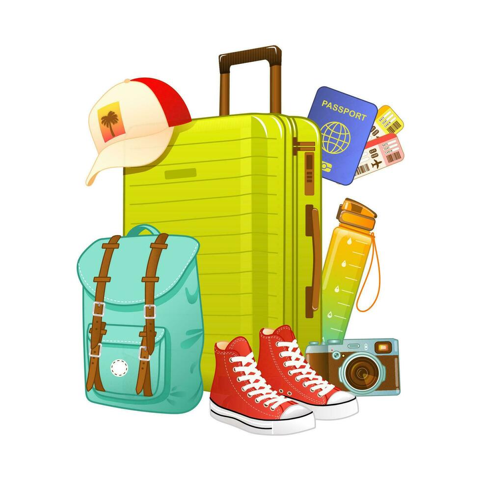 Vector illustration of travel and tourism accessories. Colorful travel objects such as backpack, suitcase, passport, camera. Color flat illustration
