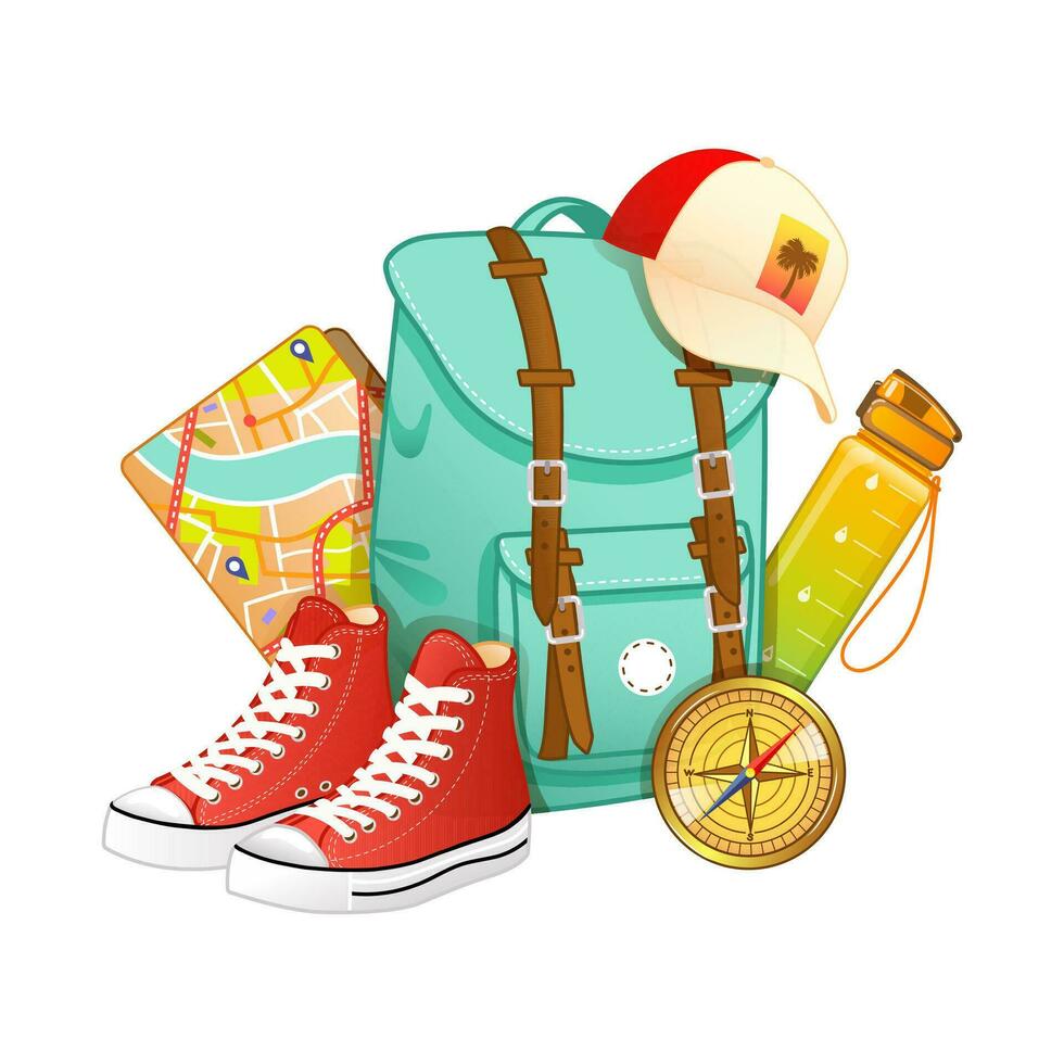 Vector illustration of travel and tourism accessories. Colorful travel objects such as bottle, sneakers, map, compass, baseball cap. Set of travel accessories in cartoon flat style
