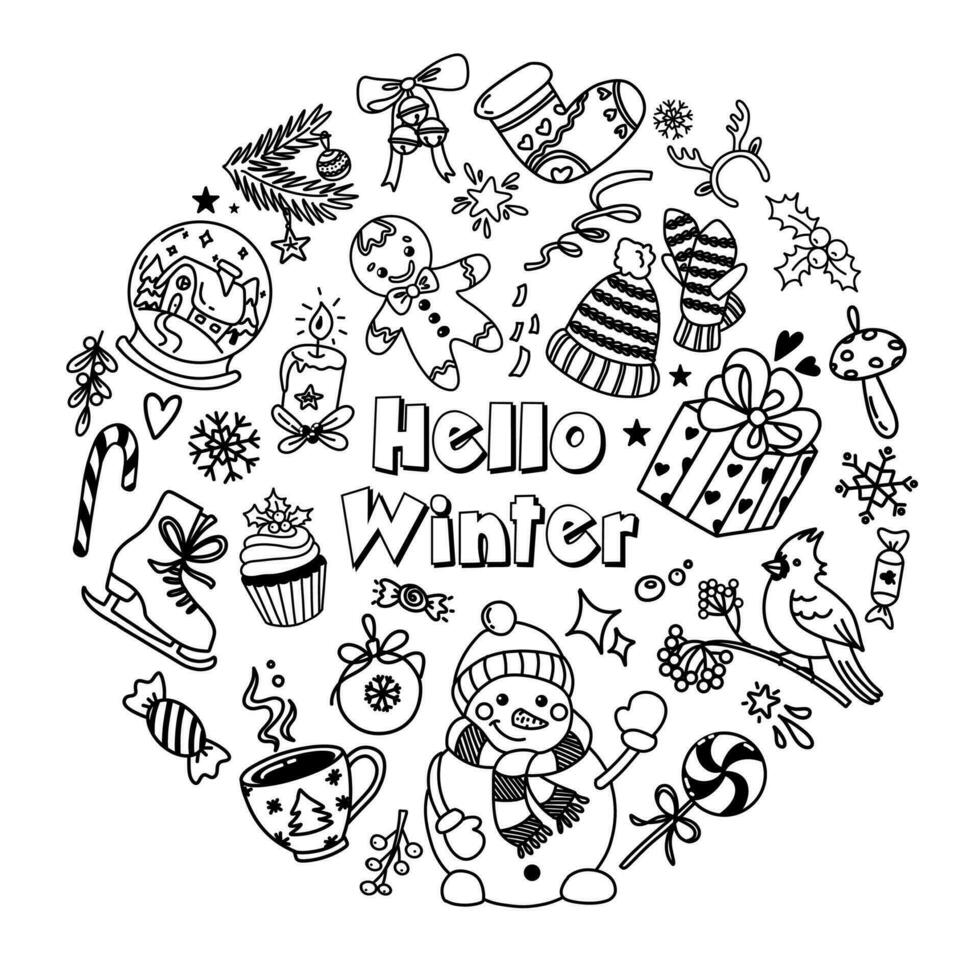 Set of vector merry Christmas doodle elements in the shape of a circle hand drawn