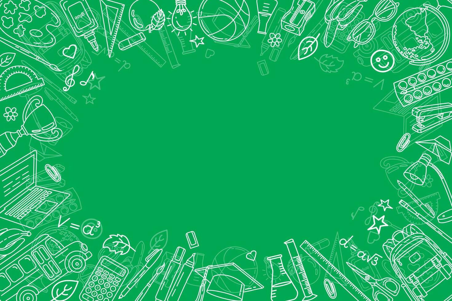 School background. School items and stationery on a green background. Hand drawn vector illustration