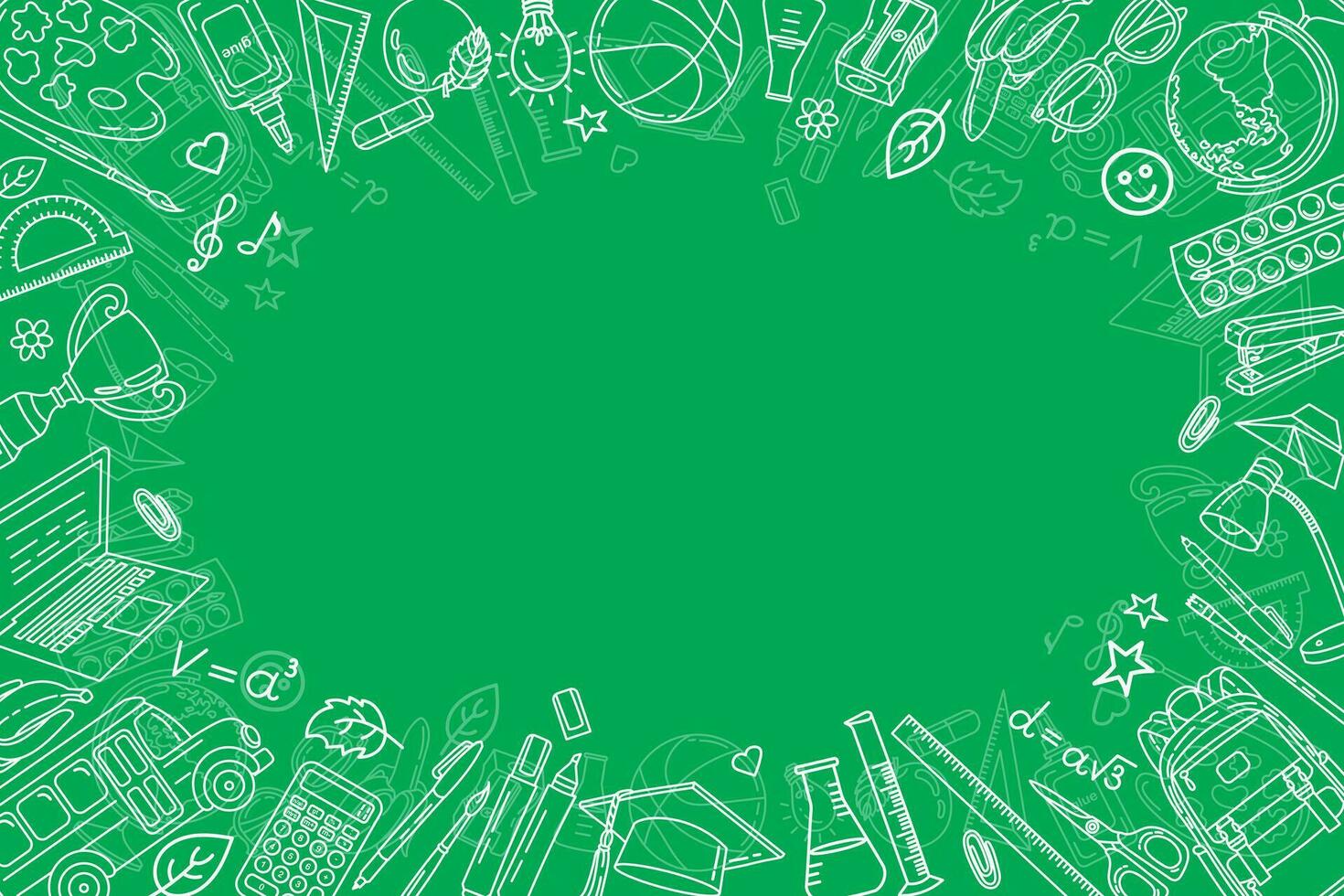 School background. School items and stationery on a green background. Hand drawn vector illustration