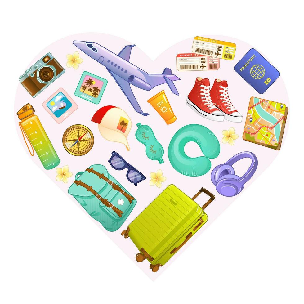 Set of vector illustrations of accessories for travel and tourism, camped in the shape of a heart.heart shaped composition of travel accessories in cartoon flat style
