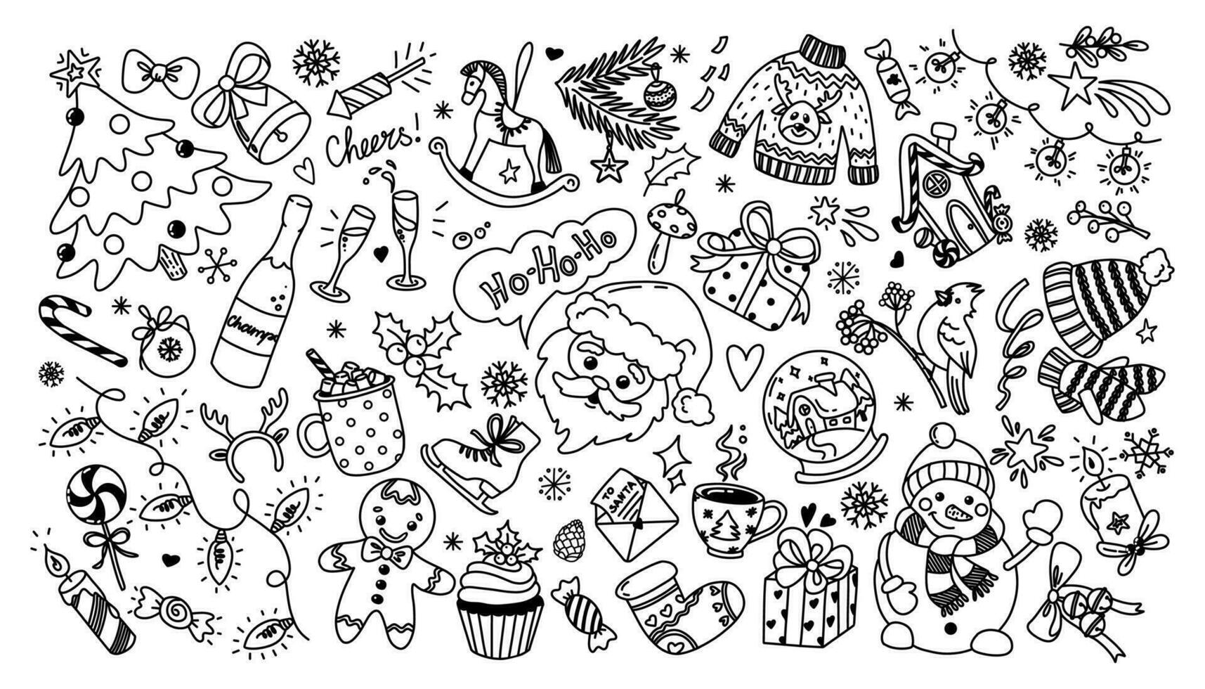 Large set of funny doodle elements on Christmas theme hand drawn. Vector doodle illustrations for your design