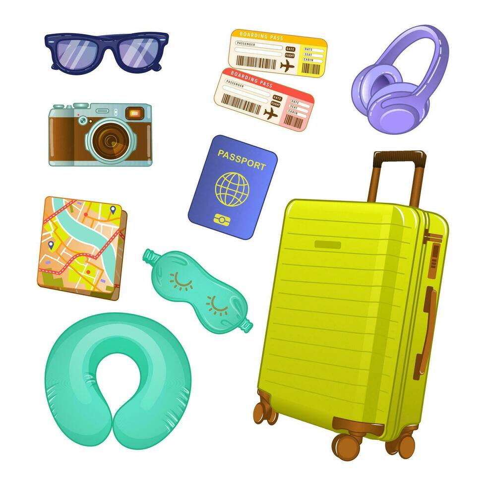 Set of vector illustrations of travel and tourism accessories. Colorful travel objects such as neck pillow, suitcase, passport, tickets, camera, sunglasses, map, headphone