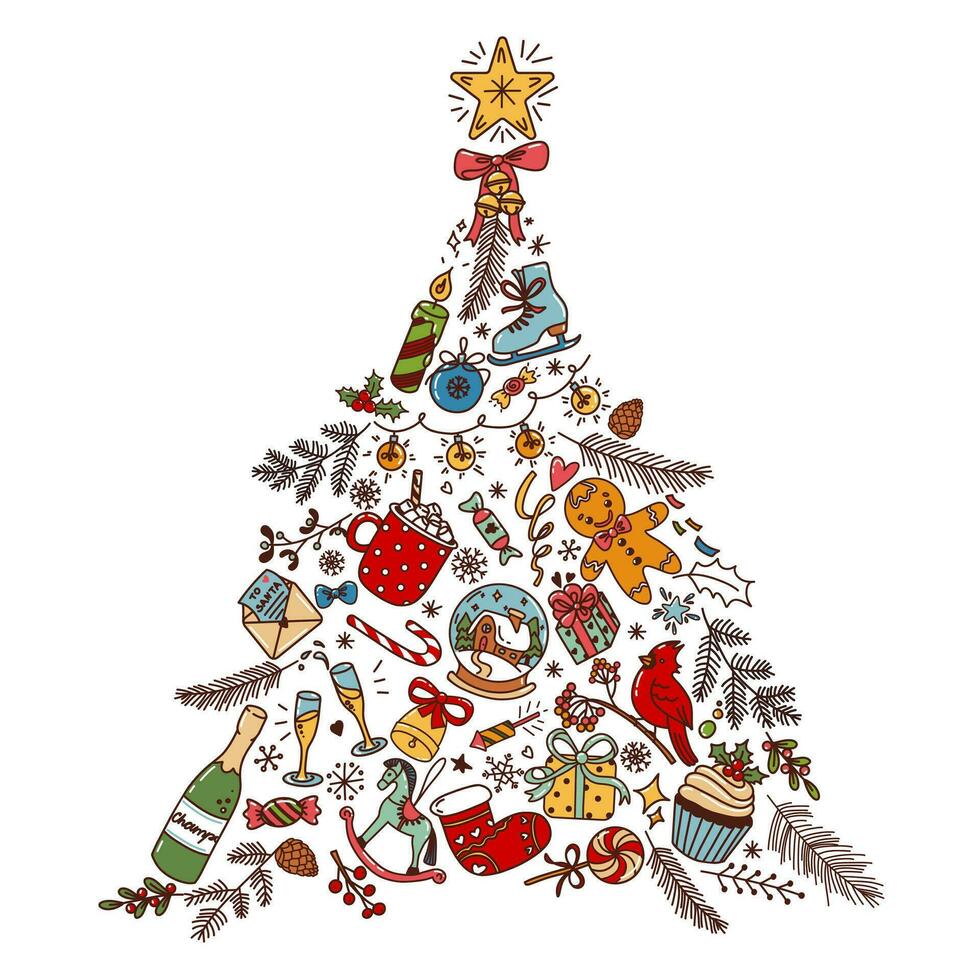 A Christmas tree created from fun handdrawn coloured doodle elements. Vector doodle illustration