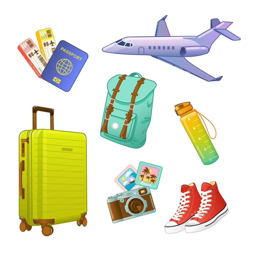 conjunto de vector ilustraciones de viaje y turismo accesorios. vistoso viaje objetos tal como mochila, maleta, pasaporte, cámara, avión, botella, zapatillas