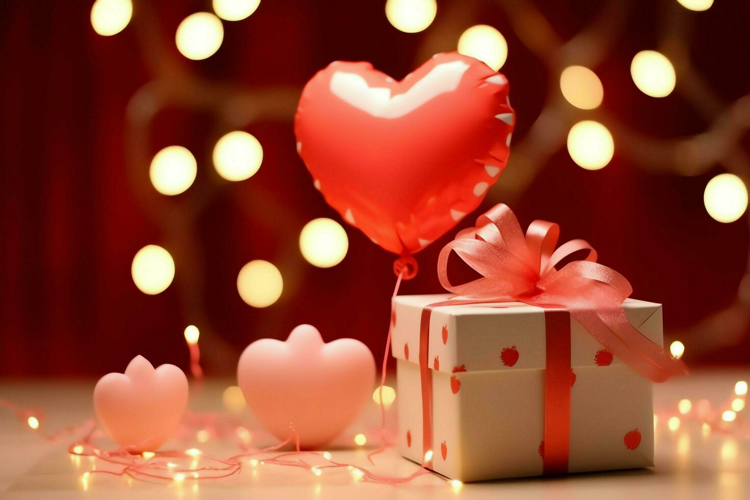 Happy valentine's day concept with red gift box and heart  shaped balloons romantic banner love concept by AI Generated photo