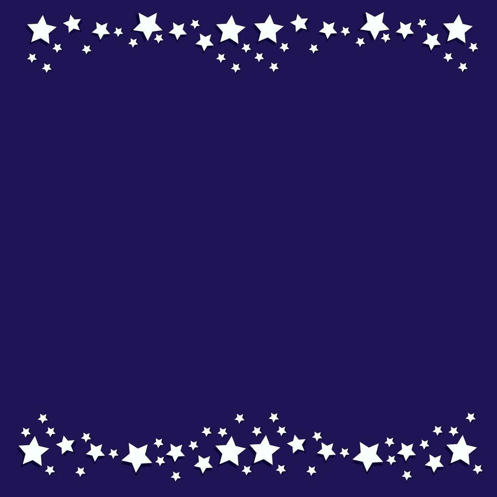 Vector square festive dark blue background - banner with a frame with a stripe of white volumetric stars at the bottom and top and a place for text
