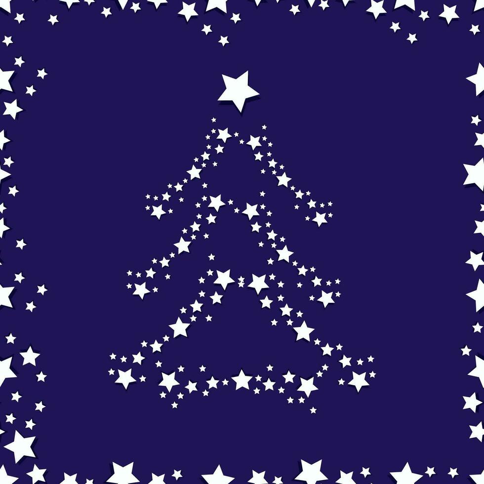 Vector festive dark blue background - seamless Christmas pattern with frame and Christmas tree made of white volumetric stars for packaging, textile, web design