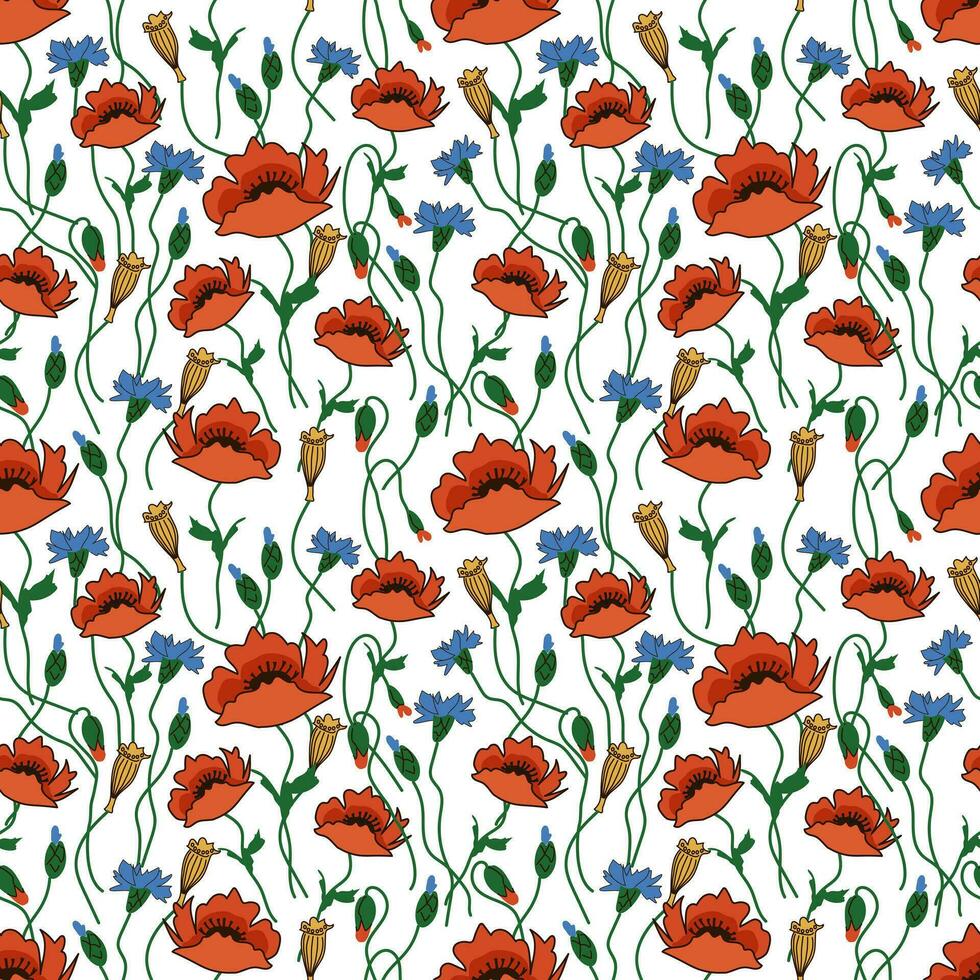 seamless summer floral pattern - white background with blooming meadow flowers poppies and cornflowers with buds for packaging, fabric and wallpaper vector