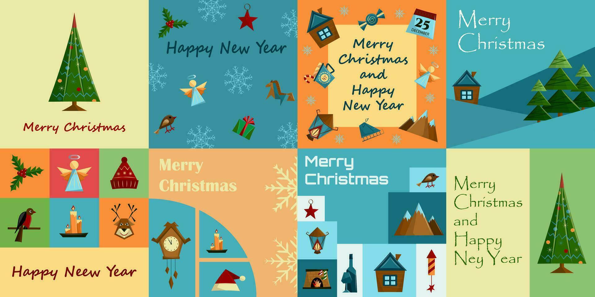 Set of Christmas cards of postcards. Christmas color posters. Festive geometric greeting card illustrations. Flat vector style.