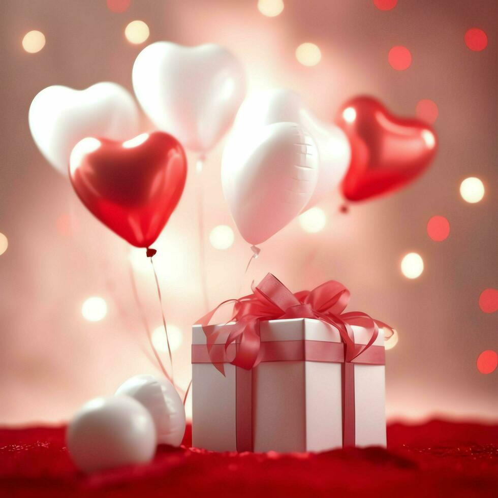 Happy valentine's day concept with red gift box and heart  shaped balloons romantic banner love concept by AI Generated photo