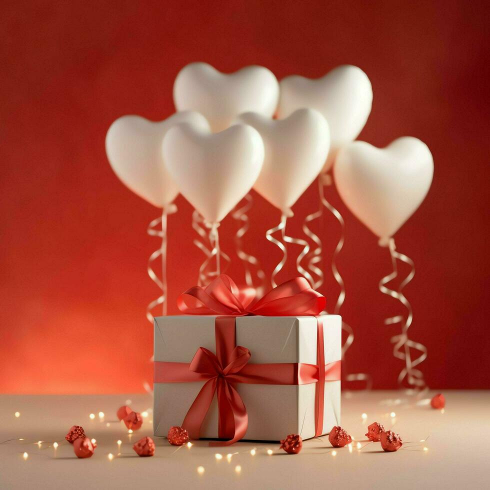 Happy valentine's day concept with red gift box and heart  shaped balloons romantic banner love concept by AI Generated photo