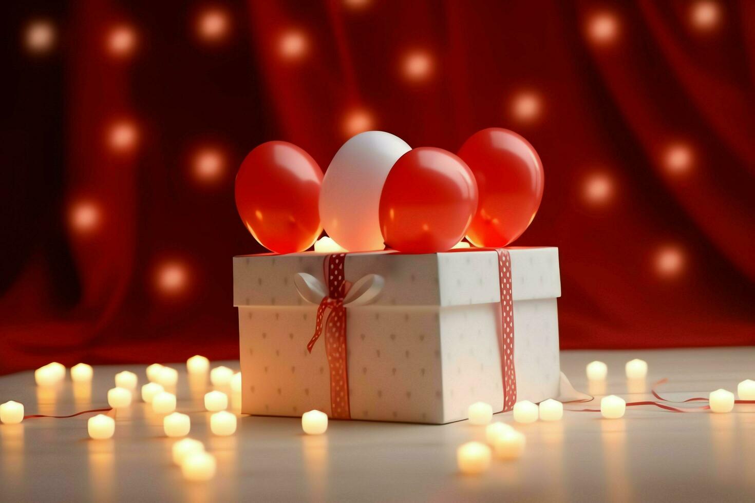 Happy valentine's day concept with red gift box and heart  shaped balloons romantic banner love concept by AI Generated photo