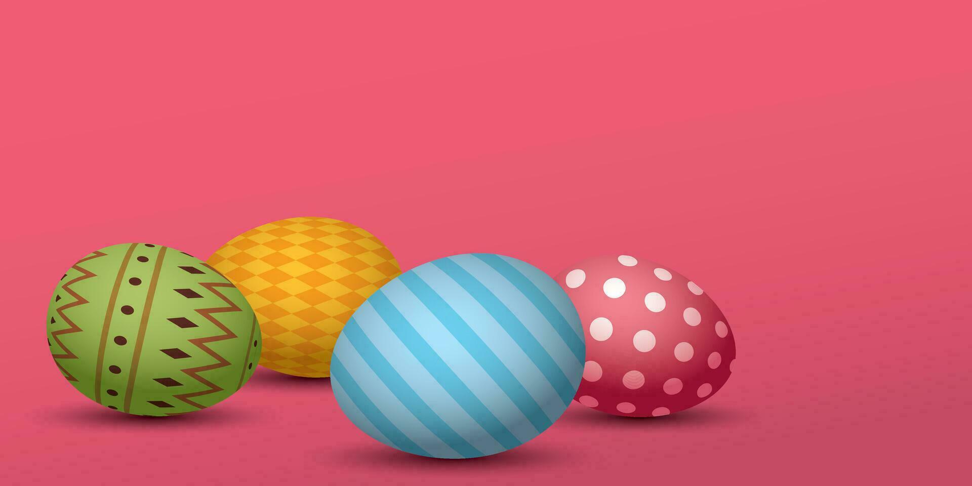 3d vistoso pintado huevos con rosado antecedentes vector ilustración. contento Pascua de Resurrección póster modelo tener espacio en blanco.