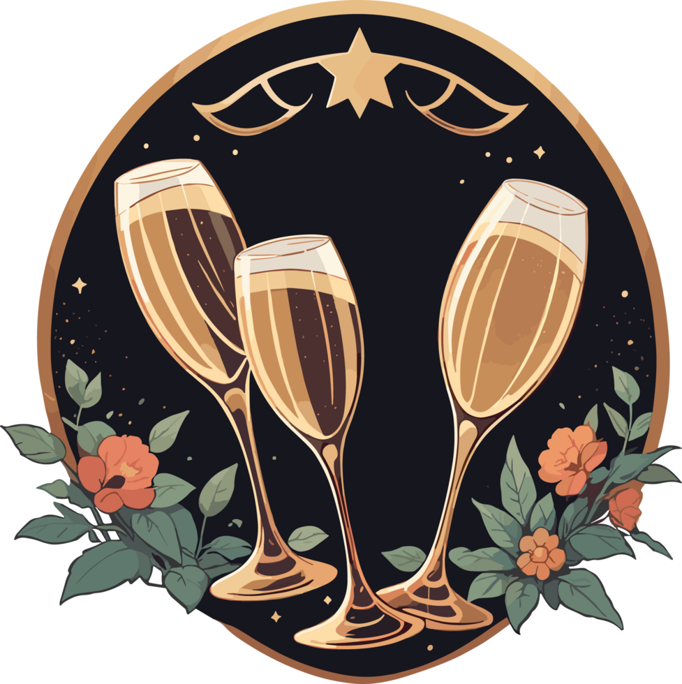AI generated New Year Badge Sticker Template with Champagne in Glass png