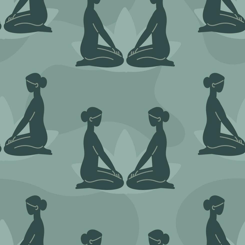 Silhouette of women doing yoga and meditation, flat style. Vector seamless pattern.