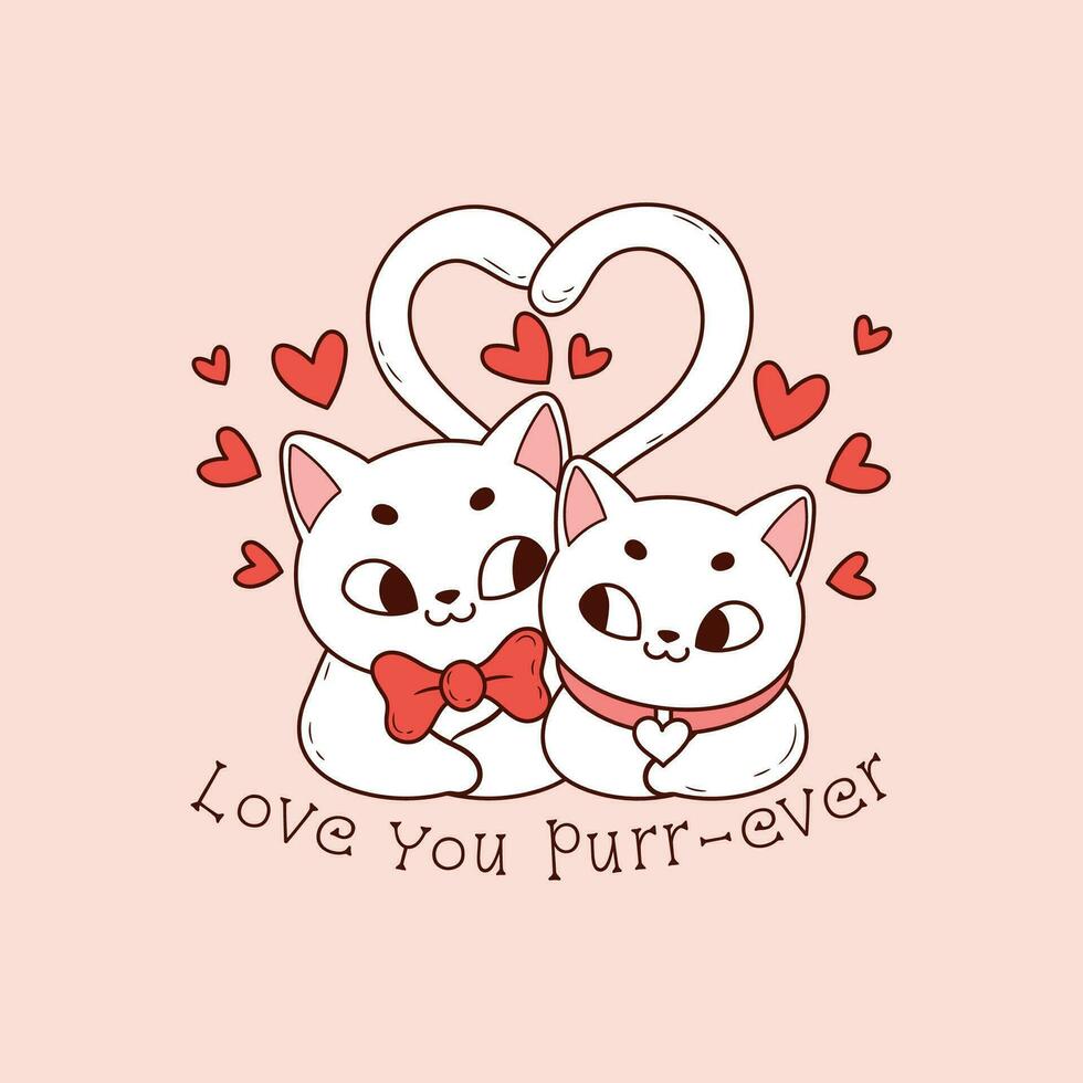 linda gatos en amor para San Valentín día, gatos en amor formando un corazón con su cruz vector